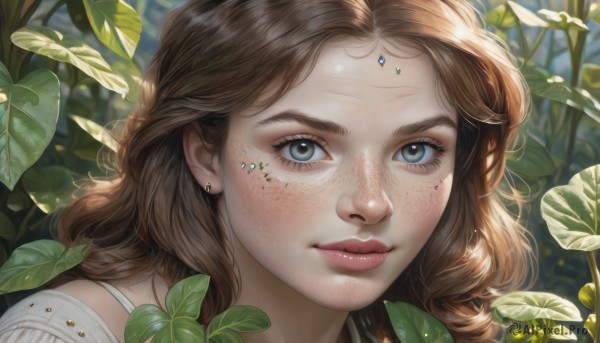 1girl,solo,long hair,looking at viewer,blue eyes,brown hair,jewelry,closed mouth,earrings,outdoors,day,blurry,lips,grey eyes,eyelashes,makeup,blurry background,leaf,wavy hair,facial mark,sunlight,plant,portrait,close-up,freckles,curly hair,realistic,nose,bangs,artist name,nature