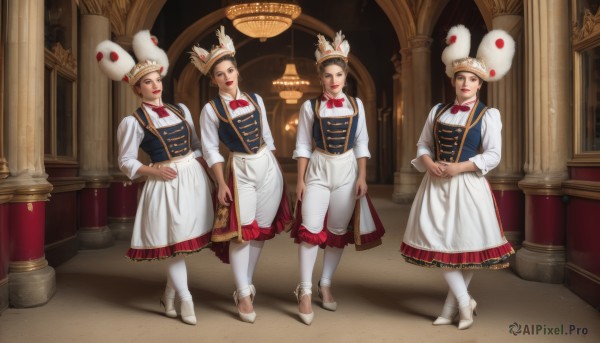 looking at viewer,smile,short hair,multiple girls,brown hair,long sleeves,hat,dress,bow,brown eyes,standing,white shirt,pants,indoors,bowtie,apron,vest,red bow,high heels,4girls,makeup,white headwear,white footwear,lipstick,white pants,red lips,pillar,blonde hair,holding,full body,braid,flower,pantyhose,boots,shoes,hand on hip,own hands together,feathers,red bowtie,chef hat,chef