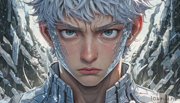 solo,looking at viewer,short hair,bangs,blue eyes,1boy,closed mouth,white hair,male focus,lips,grey eyes,eyelashes,portrait,close-up,science fiction,serious,realistic,nose,straight-on,chain,expressionless