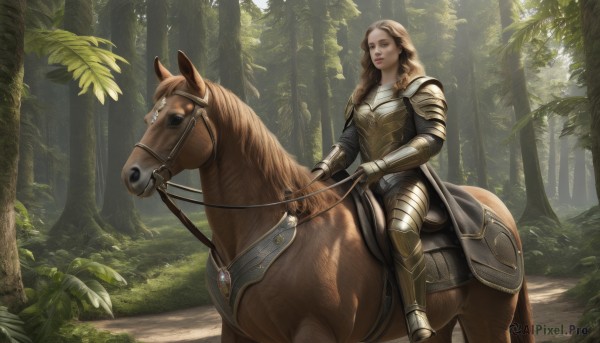 1girl,solo,long hair,blue eyes,blonde hair,brown hair,gloves,brown eyes,boots,outdoors,parted lips,day,armor,tree,lips,animal,sunlight,plant,shoulder armor,gauntlets,nature,forest,pauldrons,breastplate,realistic,nose,fantasy,armored boots,riding,greaves,faulds,horse,horseback riding,plate armor,reins,saddle,holding,weapon,wavy hair,grass,curly hair,bush,knight