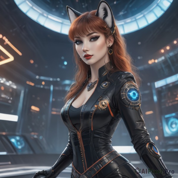 1girl,solo,long hair,breasts,looking at viewer,bangs,large breasts,brown hair,gloves,animal ears,cleavage,brown eyes,jewelry,medium breasts,earrings,black gloves,belt,cat ears,necklace,blurry,lips,bodysuit,makeup,blurry background,lipstick,zipper,freckles,science fiction,black bodysuit,unzipped,red lips,leather,upper body,artist name,orange hair,mole,grey eyes,fox ears,fake animal ears,realistic,mechanical arms,cyborg,prosthesis,partially unzipped,cyberpunk