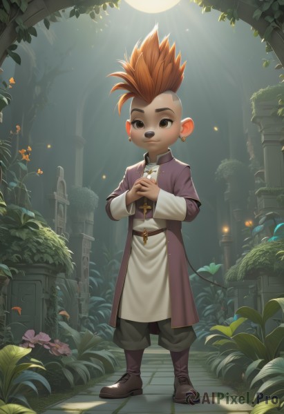 solo,looking at viewer,smile,short hair,brown hair,long sleeves,1boy,animal ears,brown eyes,jewelry,standing,tail,full body,flower,male focus,earrings,boots,outdoors,pants,necklace,orange hair,tree,coat,night,brown footwear,piercing,moon,own hands together,cross,plant,spiked hair,ear piercing,furry,robe,mouse ears,furry male,male child,mouse tail,cross necklace,mohawk,church,graveyard,priest,lion boy,holding,artist name,leaf,grass