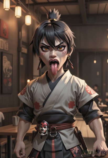 1girl,solo,looking at viewer,short hair,open mouth,bangs,black hair,1boy,holding,hair between eyes,brown eyes,jewelry,standing,upper body,weapon,short sleeves,male focus,cowboy shot,earrings,japanese clothes,teeth,tongue,sword,artist name,indoors,signature,tongue out,kimono,blurry,cup,v-shaped eyebrows,orange eyes,sash,mask,depth of field,blurry background,fangs,upper teeth only,scar,facial mark,obi,floral print,table,katana,sheath,clenched hands,short ponytail,sheathed,lantern,straight-on,short over long sleeves,topknot,tongue piercing,uvula,skirt,lips,makeup,piercing,black nails,hand fan,nose,eyeliner,facepaint,paper lantern