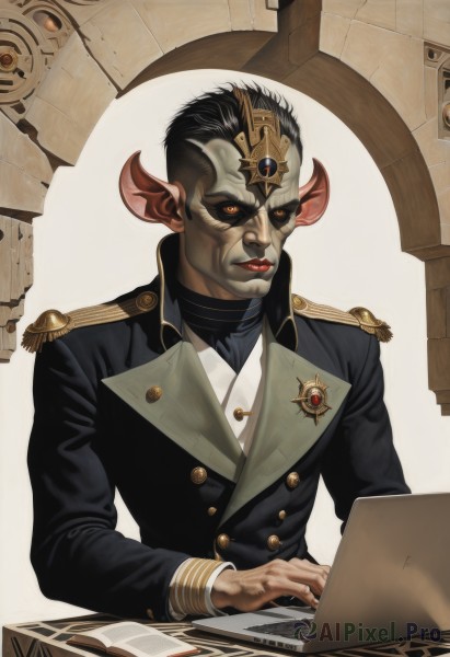 solo,looking at viewer,black hair,red eyes,long sleeves,1boy,jacket,upper body,male focus,horns,uniform,orange eyes,military,military uniform,buttons,colored sclera,epaulettes,black sclera,double-breasted,computer,laptop,short hair,sitting,closed mouth,pointy ears,black jacket,realistic