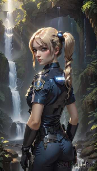 1girl,solo,long hair,breasts,looking at viewer,blush,bangs,blue eyes,blonde hair,shirt,hair ornament,gloves,medium breasts,standing,ponytail,weapon,ass,braid,short sleeves,cowboy shot,outdoors,parted lips,black gloves,belt,looking back,pants,artist name,signature,water,from behind,uniform,side ponytail,tree,lips,gun,single braid,black pants,sunlight,blue shirt,plant,nature,handgun,pocket,light rays,nose,emblem,holster,police,police uniform,waterfall,policewoman,walkie-talkie,closed mouth,sidelocks,day,mole,black shirt,eyelashes,leaf,knife,backlighting,freckles,black belt,pouch,braided ponytail,hair tie,dagger,tight,pantylines,holstered weapon