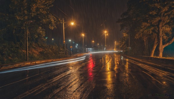 outdoors,sky,cloud,water,tree,dutch angle,no humans,night,building,star (sky),night sky,scenery,reflection,rain,city,light,road,bridge,power lines,lamppost,lights,railroad tracks,ground vehicle,motor vehicle,sign,fence,car,dark,street,puddle,city lights,crosswalk,vanishing point,guard rail