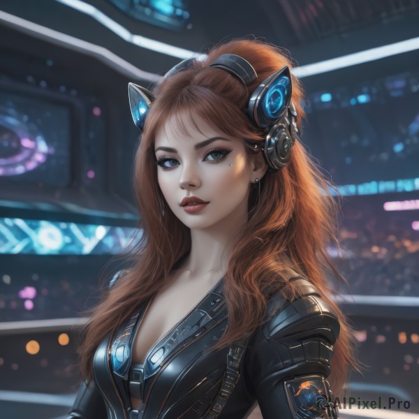 1girl,solo,long hair,breasts,looking at viewer,bangs,blue eyes,brown hair,animal ears,cleavage,jewelry,medium breasts,collarbone,upper body,ponytail,earrings,parted lips,artist name,cat ears,orange hair,mole,blurry,lips,mole under eye,bodysuit,makeup,blurry background,fake animal ears,headphones,lipstick,freckles,science fiction,realistic,nose,red lips,animal ear headphones,cat ear headphones,cyberpunk,brown eyes,underwear,signature,bra,eyelashes,depth of field,headgear,eyeshadow,zipper,eyeliner,leather,mascara