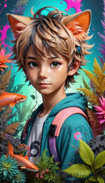 solo,looking at viewer,short hair,bangs,blonde hair,brown hair,shirt,hair ornament,1boy,animal ears,brown eyes,closed mouth,green eyes,jacket,white shirt,upper body,flower,male focus,open clothes,artist name,cat ears,hood,bag,lips,hoodie,leaf,watermark,backpack,plant,messy hair,extra ears,freckles,fish,nose,male child,cat boy,goldfish,outdoors,animal ear fluff,fox ears,animal,thick eyebrows,child,aquarium