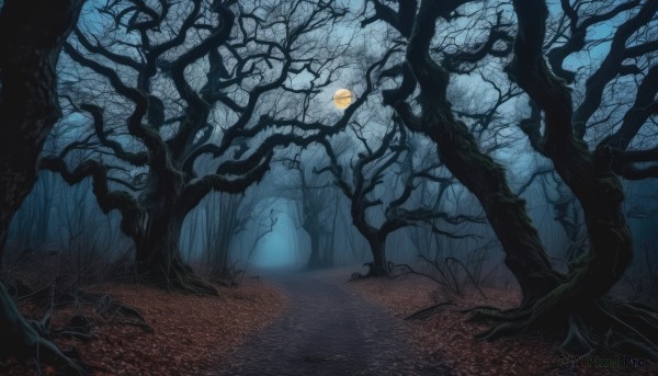 outdoors,sky,tree,no humans,night,moon,nature,night sky,scenery,full moon,forest,bare tree,moonlight,road,dark,fog,path