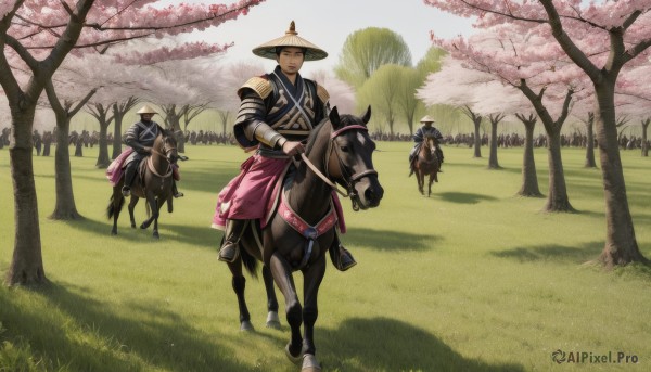 looking at viewer,black hair,long sleeves,1boy,hat,closed mouth,weapon,male focus,outdoors,multiple boys,day,sword,armor,tree,animal,grass,cherry blossoms,nature,riding,japanese armor,horse,horseback riding,reins,smile,short hair,holding,japanese clothes,scar,bandages,sandals,katana,sheath,scenery,scar on face,1other,sheathed,wide shot,multiple others,ambiguous gender,path,samurai,cow,saddle,jingasa