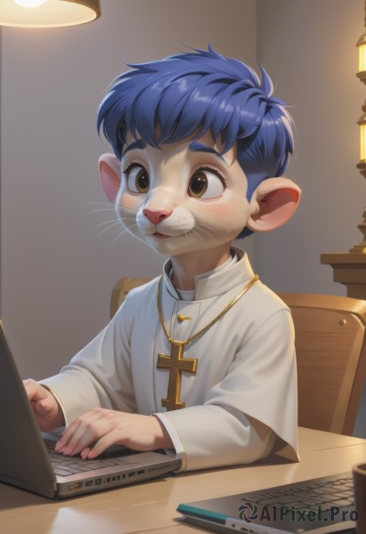 solo,blush,smile,short hair,bangs,long sleeves,1boy,animal ears,brown eyes,jewelry,sitting,closed mouth,blue hair,white shirt,upper body,male focus,indoors,necklace,chair,table,cross,furry,desk,mouse ears,lamp,furry male,computer,male child,cross necklace,laptop,whiskers,buck teeth,extra ears,animal nose