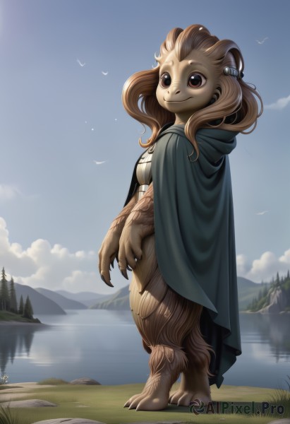 1girl,solo,looking at viewer,smile,brown hair,brown eyes,closed mouth,standing,full body,outdoors,sky,day,artist name,cloud,hood,water,cape,tree,blue sky,no humans,bird,animal,hood down,grass,nature,cloak,claws,furry,mountain,fantasy,furry female,river,lake,long hair,breasts,hair ornament,feathers,monster girl,animal hands,talons,digitigrade