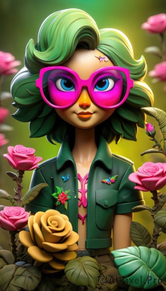 1girl,solo,looking at viewer,smile,short hair,blue eyes,shirt,upper body,flower,short sleeves,green hair,open clothes,glasses,belt,artist name,blurry,flat chest,lips,open shirt,makeup,blurry background,rose,bird,leaf,sunglasses,bug,lipstick,butterfly,pink flower,pocket,yellow flower,breast pocket,tinted eyewear,pink rose,yellow rose,pink-tinted eyewear,underwear,multicolored hair,bra,two-tone hair,open jacket,torn clothes,eyelashes,cross,plant,badge