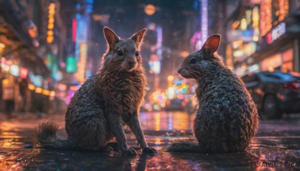 outdoors, blurry, no humans, night, depth of field, blurry background, animal, cat, ground vehicle, building, motor vehicle, reflection, city, realistic, car, road, animal focus, mouse, street, city lights