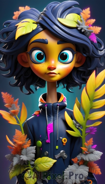 1girl,solo,looking at viewer,short hair,blue eyes,black hair,hair ornament,blue hair,jacket,upper body,flower,parted lips,artist name,hair flower,dark skin,dark-skinned female,gradient,gradient background,buttons,colored skin,leaf,watermark,blue background,plant,white flower,freckles,curly hair,yellow flower,yellow skin,smile,simple background,lips,thick eyebrows,messy hair,web address,leaf on head,very dark skin