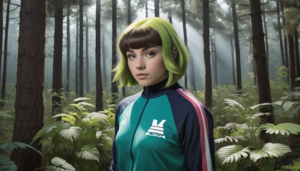 1girl,solo,looking at viewer,short hair,bangs,blonde hair,brown hair,brown eyes,closed mouth,jacket,upper body,multicolored hair,outdoors,green hair,day,artist name,blunt bangs,two-tone hair,tree,lips,grey eyes,sunlight,bob cut,plant,nature,forest,track jacket,realistic,nose,blue eyes,black hair,leaf,watermark,zipper