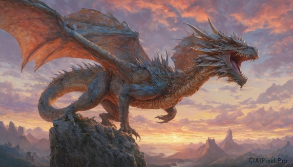 open mouth,red eyes,tail,outdoors,wings,horns,sky,teeth,tongue,cloud,no humans,fangs,cloudy sky,sharp teeth,scenery,claws,flying,sunset,monster,mountain,fantasy,dragon,scales