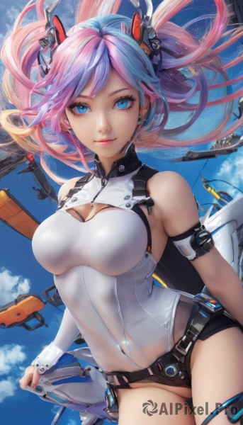 1girl,solo,long hair,breasts,looking at viewer,smile,bangs,blue eyes,blonde hair,large breasts,hair ornament,thighhighs,cleavage,bare shoulders,twintails,medium breasts,closed mouth,blue hair,pink hair,multicolored hair,cowboy shot,outdoors,sky,shorts,day,belt,cloud,nail polish,two-tone hair,leotard,blue sky,lips,see-through,clothing cutout,eyelashes,covered navel,gradient hair,makeup,floating hair,headgear,ass visible through thighs,thigh gap,cleavage cutout,skin tight,white leotard,purple hair,thigh strap,no panties,armlet,science fiction,realistic,arm strap,mechanical wings