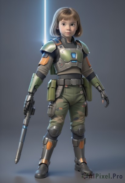 1girl,solo,looking at viewer,short hair,bangs,brown hair,gloves,holding,brown eyes,standing,full body,weapon,boots,belt,pants,blunt bangs,grey background,black footwear,holding weapon,armor,uniform,lips,gun,military,military uniform,bob cut,holding gun,rifle,science fiction,pouch,realistic,knee pads,camouflage,body armor,simple background,sword,energy sword,energy gun,lightsaber