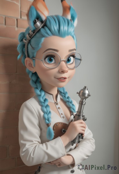 1girl,solo,long hair,breasts,looking at viewer,smile,blue eyes,long sleeves,holding,animal ears,jewelry,blue hair,upper body,braid,hairband,earrings,parted lips,glasses,rabbit ears,twin braids,aqua hair,goggles,instrument,hair over shoulder,forehead,freckles,round eyewear,stud earrings,brick wall,holding instrument,hair pulled back,weapon,artist name,signature,lips,feathers,steampunk