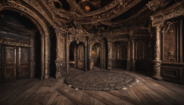 indoors,no humans,window,sunlight,scenery,wooden floor,stairs,door,light,architecture,pillar,ceiling,hallway,carpet,arch,chandelier,column,candle,statue