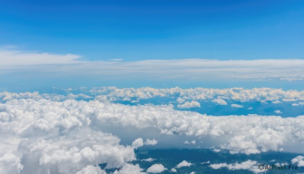 monochrome,outdoors,sky,day,cloud,blue sky,no humans,ocean,cloudy sky,scenery,blue theme,city,horizon,cityscape,landscape,above clouds,1girl,solo,long hair,dress,flying,very wide shot