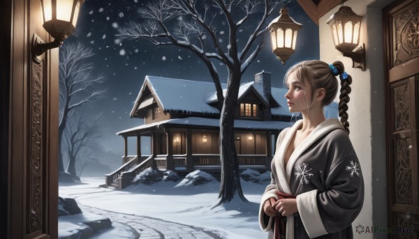 1girl,solo,long hair,breasts,brown hair,hair ornament,long sleeves,cleavage,brown eyes,upper body,braid,small breasts,outdoors,japanese clothes,sky,tears,wide sleeves,twin braids,tree,lips,single braid,profile,night,looking away,own hands together,building,scenery,snow,robe,lantern,snowing,door,lamp,snowflakes,architecture,house,winter,east asian architecture,bare tree,snowflake print,jewelry,collarbone,parted lips,window,ring,realistic