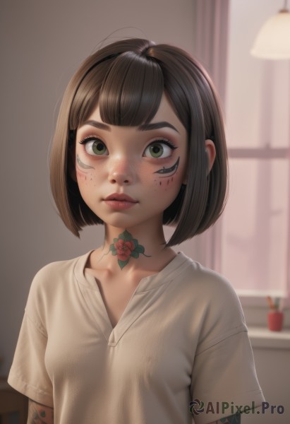 1girl,solo,breasts,looking at viewer,blush,short hair,bangs,brown hair,shirt,black hair,closed mouth,green eyes,collarbone,white shirt,upper body,flower,short sleeves,small breasts,indoors,blunt bangs,blurry,covered nipples,lips,tattoo,depth of field,blurry background,bob cut,thick eyebrows,curtains,freckles,nose,arm tattoo,cyborg,neck tattoo,artist name,window,realistic,lamp