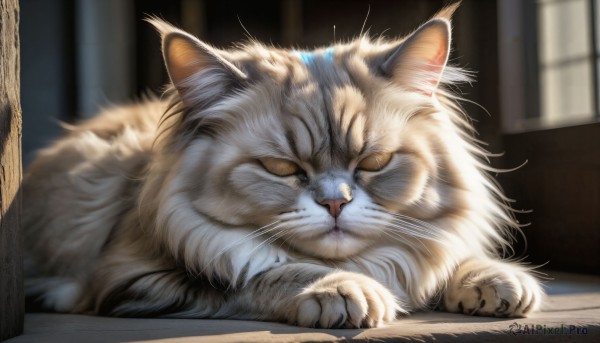 HQ,solo,closed mouth,closed eyes,indoors,blurry,no humans,window,blurry background,animal,cat,sleeping,realistic,animal focus,white fur,whiskers,fluffy,looking at viewer,lying,signature,depth of field,sunlight,portrait,close-up