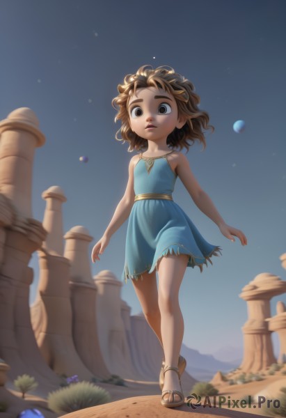 1girl,solo,looking at viewer,short hair,brown hair,dress,bare shoulders,brown eyes,jewelry,standing,full body,flower,outdoors,parted lips,sky,sleeveless,medium hair,flat chest,bare arms,toes,night,sleeveless dress,blue dress,short dress,sandals,child,star (sky),floating,walking,female child,pillar,column,artist name,blurry,lips,wavy hair,thick eyebrows,curly hair,wide-eyed