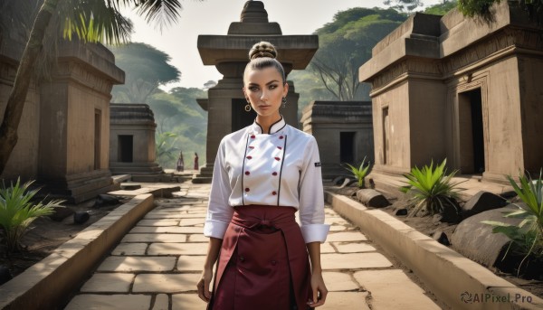 1girl,solo,looking at viewer,skirt,shirt,black hair,brown eyes,jewelry,closed mouth,standing,white shirt,earrings,outdoors,solo focus,day,hair bun,black eyes,tree,lips,makeup,buttons,red skirt,sunlight,single hair bun,ring,plant,building,scenery,hoop earrings,rock,arms at sides,double-breasted,chef,hair ornament,long sleeves,apron,lipstick