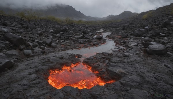 outdoors, sky, cloud, tree, no humans, fire, nature, scenery, rock, mountain, landscape, grey sky, burning, molten rock