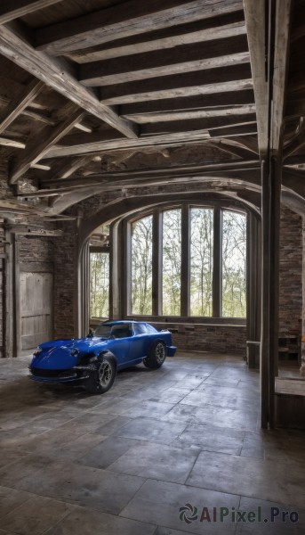 outdoors,day,indoors,tree,no humans,window,ground vehicle,scenery,motor vehicle,car,road,vehicle focus,wheel,sports car,realistic,glass,broken glass,overgrown,broken window