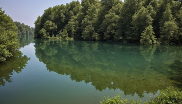 outdoors,sky,day,artist name,signature,water,tree,blue sky,no humans,sunlight,grass,plant,nature,scenery,forest,reflection,bush,river,landscape,lake,reflective water,fantasy