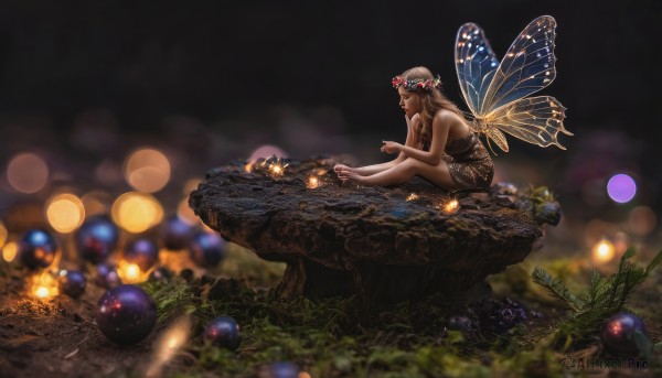 1girl,solo,long hair,brown hair,hair ornament,dress,bare shoulders,sitting,flower,outdoors,wings,barefoot,nail polish,blurry,black dress,from side,bare arms,bare legs,strapless,night,depth of field,glowing,grass,bug,butterfly,strapless dress,toenails,head rest,fantasy,fairy wings,toenail polish,fairy,head wreath,mushroom,bokeh,butterfly wings,blonde hair,nature,minigirl,realistic,fireflies