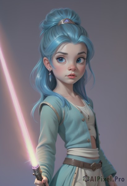 1girl,solo,long hair,breasts,looking at viewer,blue eyes,simple background,long sleeves,holding,jewelry,closed mouth,blue hair,collarbone,ponytail,weapon,earrings,small breasts,belt,sword,holding weapon,lips,holding sword,high ponytail,freckles,realistic,nose,energy sword,lightsaber,blush,bangs,dress,artist name,brown belt