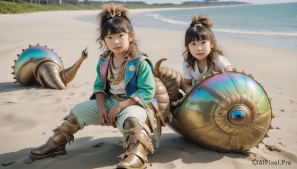 long hair,looking at viewer,bangs,multiple girls,brown hair,shirt,black hair,hair ornament,2girls,brown eyes,jewelry,sitting,jacket,white shirt,ponytail,boots,outdoors,parted lips,open clothes,day,belt,pants,blunt bangs,water,necklace,armor,black eyes,vest,lips,fur trim,shadow,ocean,beach,blue jacket,green jacket,realistic,sand,on ground,shell,desert,1girl,weapon,earrings,squatting,tiara,curly hair,shield,holding shield