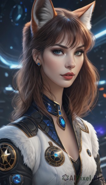 1girl,solo,long hair,breasts,looking at viewer,bangs,blue eyes,brown hair,animal ears,cleavage,jewelry,jacket,upper body,earrings,parted lips,choker,cat ears,lips,fur trim,fox ears,makeup,lipstick,brooch,gem,extra ears,freckles,realistic,nose,red lips,medium breasts,closed mouth,artist name,signature,necklace,blurry,collar,animal ear fluff,eyelashes,thick eyebrows,pendant,eyeshadow,zipper,pocket,emblem,eyeliner,badge,mascara