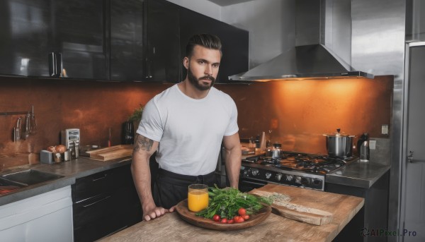 solo,looking at viewer,short hair,shirt,black hair,1boy,brown eyes,white shirt,short sleeves,male focus,food,pants,indoors,black eyes,apron,cup,tattoo,muscular,facial hair,black pants,table,knife,muscular male,t-shirt,beard,plate,mature male,mustache,arm tattoo,cooking,kitchen,photo background,tomato,arm hair,sink,counter,stove,lettuce,cutting board,onion,salad,bottle,alcohol,mug,realistic