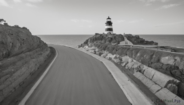 monochrome,greyscale,outdoors,sky,cloud,water,tree,no humans,ocean,beach,cloudy sky,building,scenery,horizon,road,watercraft,bridge,river,tower,boat,lighthouse,traditional media,nature,mountain,bush,street,path