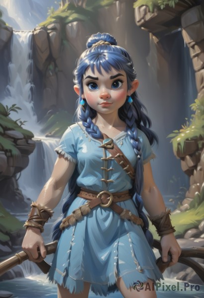 1girl,solo,long hair,breasts,looking at viewer,blush,bangs,blue eyes,dress,holding,jewelry,very long hair,blue hair,standing,weapon,braid,short sleeves,cowboy shot,earrings,small breasts,outdoors,day,pointy ears,belt,artist name,water,hair bun,holding weapon,twin braids,bracelet,lips,torn clothes,blue dress,watermark,short dress,thick eyebrows,nature,web address,wading,freckles,nose,brown belt,river,waterfall,hair ornament,ponytail,scrunchie,bow (weapon)