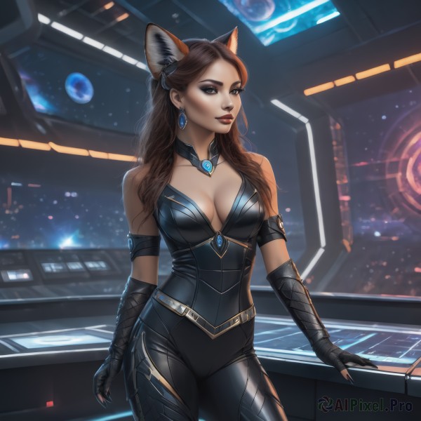 1girl,solo,long hair,breasts,looking at viewer,smile,brown hair,gloves,animal ears,cleavage,bare shoulders,brown eyes,jewelry,medium breasts,standing,cowboy shot,earrings,black gloves,belt,indoors,cat ears,fingerless gloves,lips,fox ears,bodysuit,makeup,lipstick,gem,eyeshadow,science fiction,red lips,space,planet,closed mouth,collarbone,artist name,signature,fingernails,parted bangs,watermark,skin tight,web address,claws,extra ears,backlighting,contrapposto,realistic,nose,black bodysuit,alien,earth (planet),spacecraft