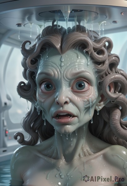 1girl,solo,long hair,breasts,looking at viewer,open mouth,blue eyes,brown hair,medium breasts,nipples,collarbone,upper body,nude,parted lips,teeth,artist name,signature,water,lips,wet,monster girl,tentacles,partially submerged,curly hair,realistic,slime (substance),horror (theme),cleavage,colored skin,fangs,nose