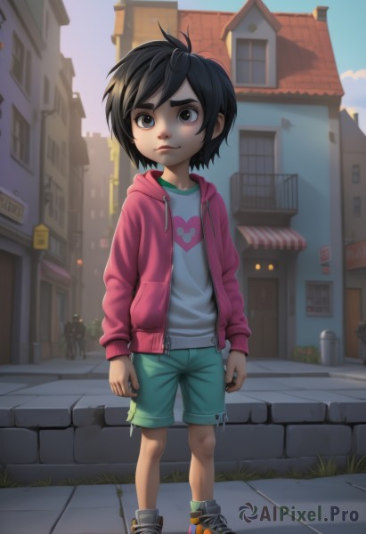 1girl,solo,looking at viewer,short hair,shirt,black hair,long sleeves,1boy,brown eyes,closed mouth,standing,jacket,full body,male focus,outdoors,open clothes,sky,shoes,shorts,solo focus,day,artist name,hood,black eyes,lips,window,hoodie,thick eyebrows,hood down,building,sneakers,child,city,drawstring,female child,road,pink jacket,male child,green shorts,street,heart print,open hoodie,pink hoodie,smile,bangs,heart,open jacket,watermark,grass,web address,walking,nose,tomboy