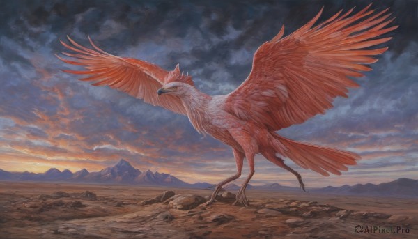 solo,closed mouth,yellow eyes,outdoors,wings,sky,cloud,no humans,bird,animal,cloudy sky,scenery,flying,mountain,animal focus,talons,full body,pokemon (creature),realistic,mountainous horizon