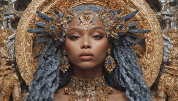 1girl,solo,long hair,looking at viewer,blue eyes,hair ornament,jewelry,blue hair,collarbone,braid,earrings,parted lips,dark skin,necklace,black eyes,dark-skinned female,lips,eyelashes,expressionless,feathers,gem,portrait,freckles,realistic,fantasy,headdress,gold,black hair,brown eyes,makeup,feather hair ornament