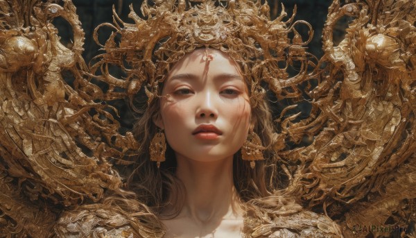 1girl,solo,long hair,looking at viewer,brown hair,jewelry,earrings,parted lips,black eyes,lips,makeup,facial mark,crown,portrait,realistic,red lips,gears,closed mouth,collarbone,artist name,armor,eyelashes,headgear,watermark,half-closed eyes,forehead mark,no pupils,straight-on,gold