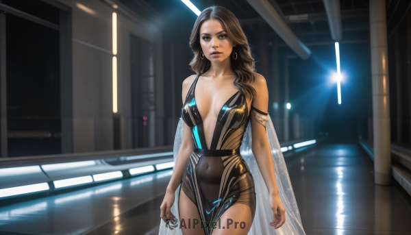 HQ,1girl,solo,long hair,breasts,looking at viewer,brown hair,black hair,dress,navel,cleavage,bare shoulders,brown eyes,jewelry,medium breasts,standing,collarbone,cowboy shot,earrings,parted lips,indoors,dark skin,black dress,dark-skinned female,lips,see-through,no bra,covered navel,makeup,breasts apart,armlet,reflection,science fiction,hoop earrings,realistic,center opening,arms at sides,plunging neckline,wings,lights