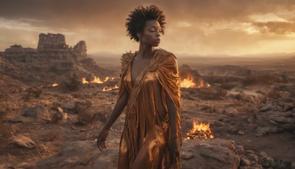 1girl,solo,breasts,short hair,black hair,dress,cleavage,jewelry,medium breasts,closed mouth,standing,cowboy shot,outdoors,sky,cloud,dark skin,dark-skinned female,lips,looking to the side,looking away,cloudy sky,fire,rock,arms at sides,very dark skin,burning,closed eyes,earrings,scenery,sunset,ruins,dreadlocks