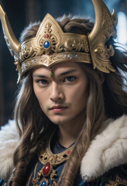 1girl,solo,long hair,looking at viewer,blue eyes,brown hair,1boy,jewelry,closed mouth,braid,male focus,necklace,blurry,lips,fur trim,blurry background,facial hair,helmet,crown,gem,portrait,beard,realistic,nose,horns,armor,heterochromia,freckles